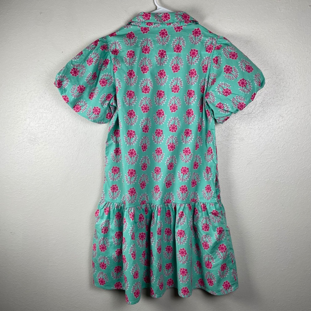 J.Crew Womens Floral Puff Sleeve Button Front Mini Dress Teal Pink Size 2 - Picture 6 of 9